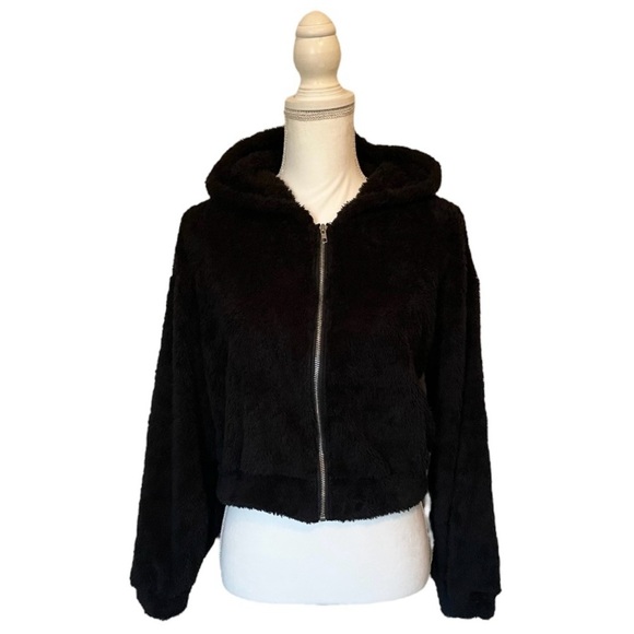 Black Hooded Super Soft Cropped Teddy Zip Up Jacket Women’s Small - Picture 4 of 13